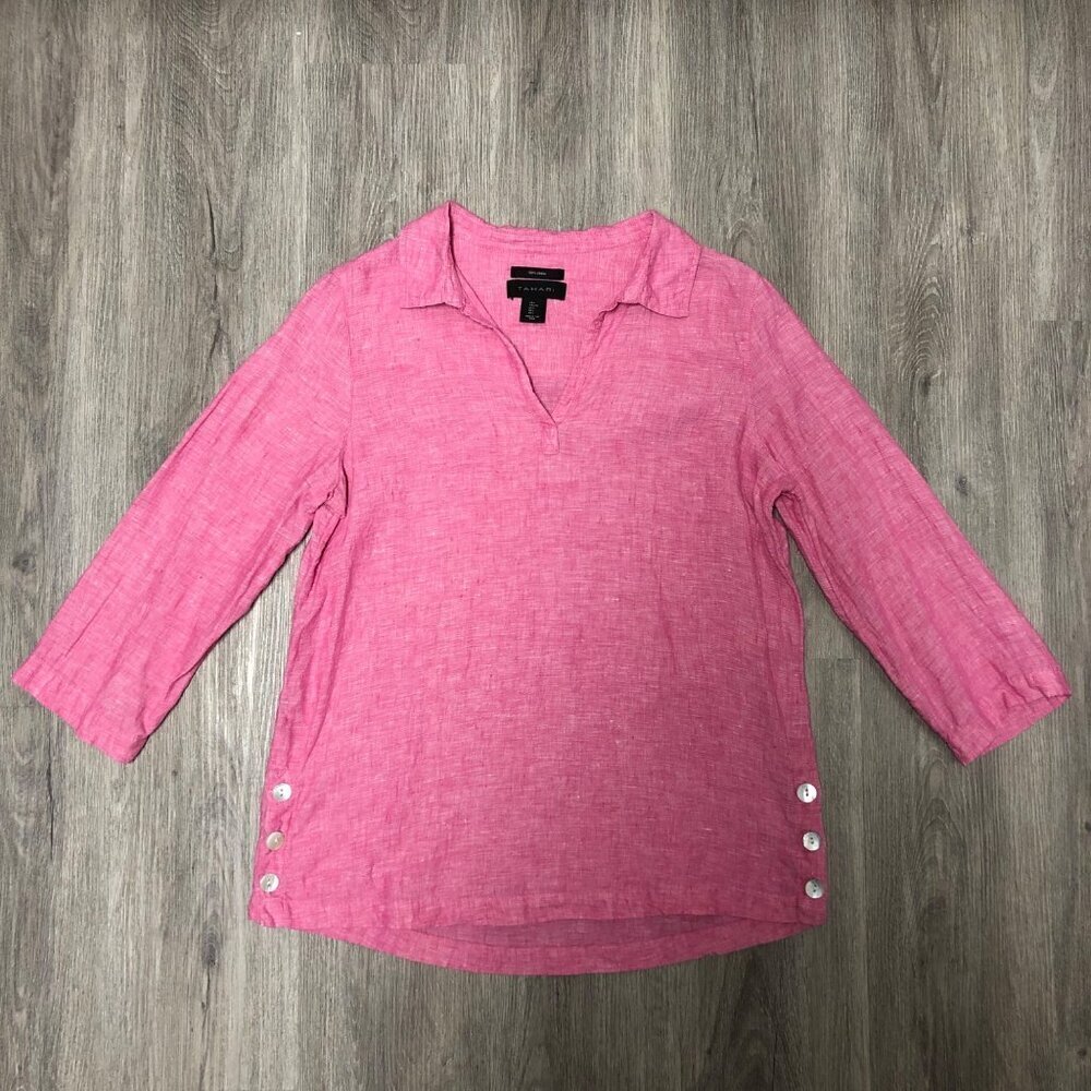 Tahari 100% Linen Pink Tunic Top Women's Size Large Mother of Pearl Buttons